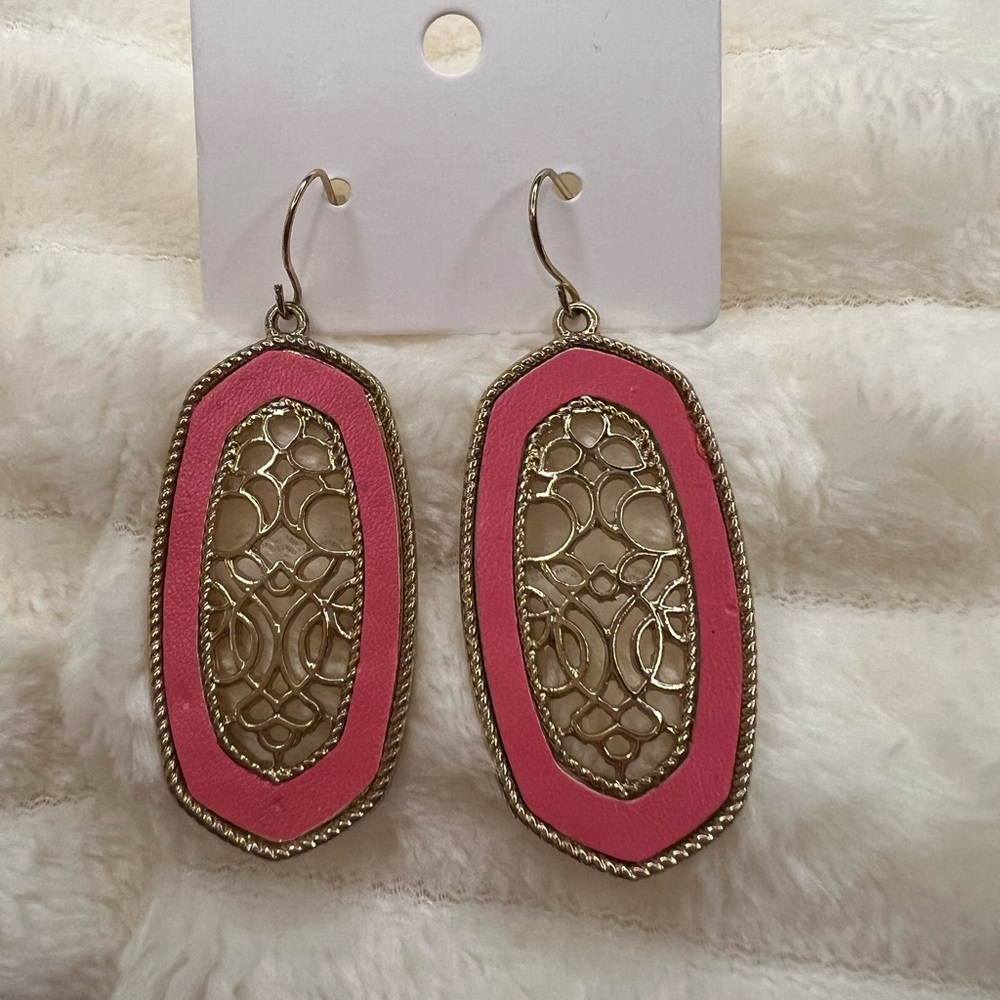 Pink and Gold Filagree Dangle Earrings